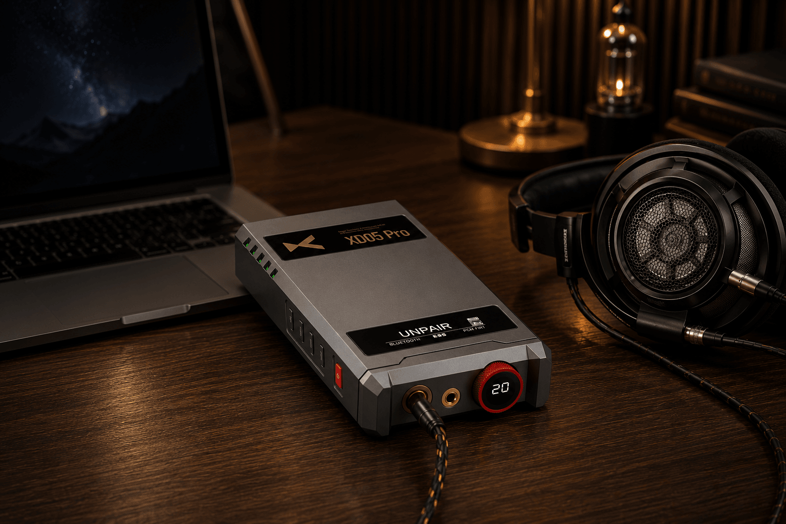xDuoo XD-05 Pro on desktop with headphones