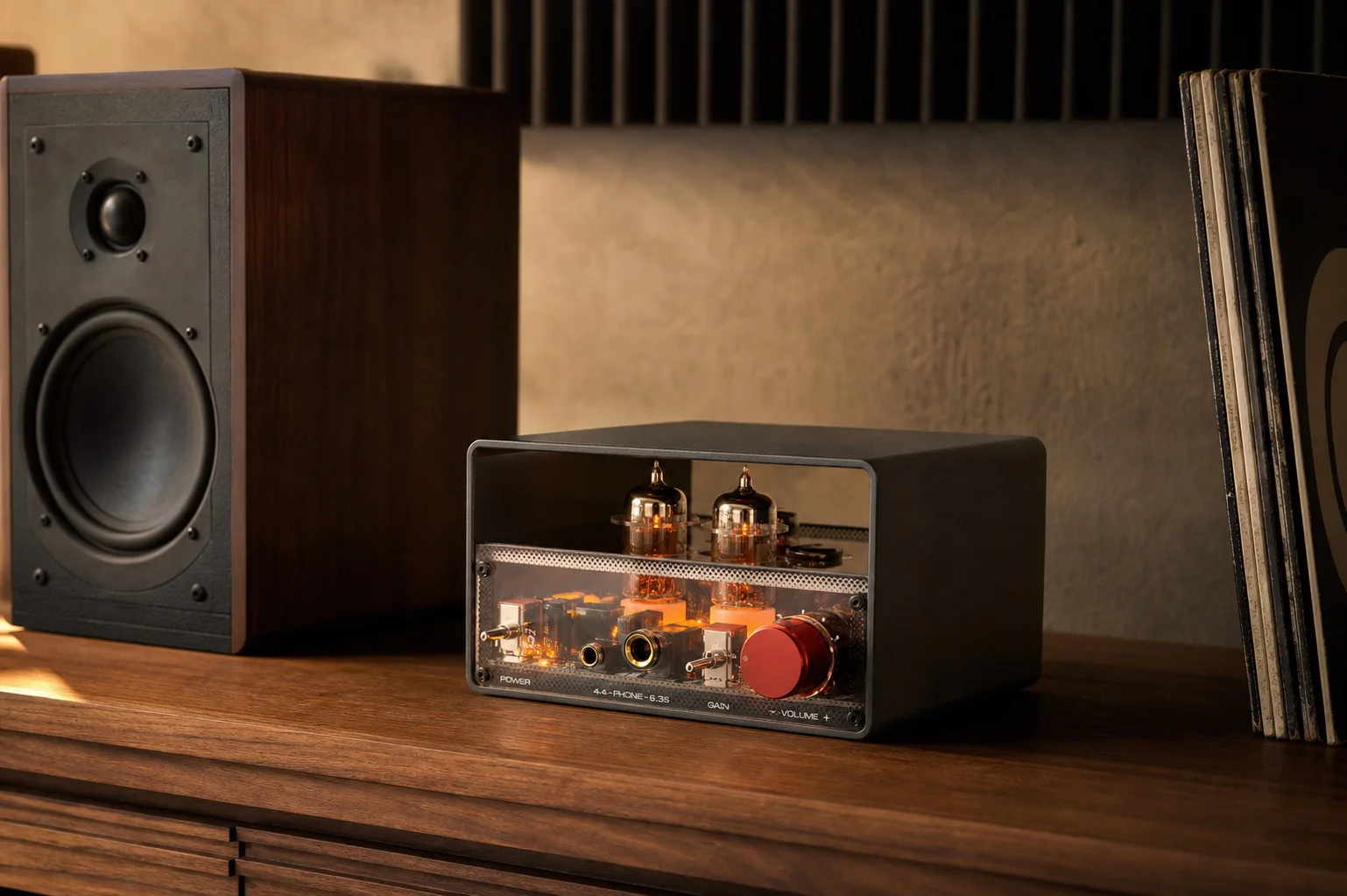 Compact desktop tube headphone amplifier with hybrid tube-transistor power, dual 6J1 tubes, Class A amplification, and pre-out flexibility.